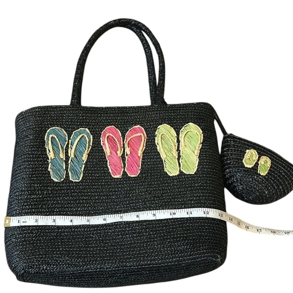 Straw Woven Black Beach Summer Large Tote with Flip Flops design + small bag - Picture 8 of 15